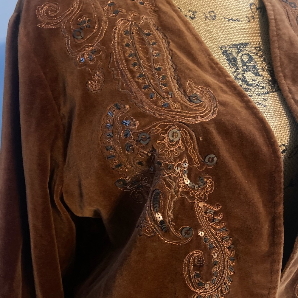 Chico's Sz 2 Rich Rust Velvet Sequined Embroidered Women’s Blazer - Picture 3 of 12